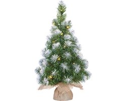 Mica Decorations Kunst kerstboom - kunstboom - in jute zak - met verlichting en sneeuw - 60 cm - Mini boompjes / kerstboompjes