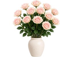 Mica Decorations Kunstbloem Roos Valentine - 12x - H59 cm - lichtroze - kunststof - stelen kunstbloemen - boeket - rozen bloemetjes - Valentijnsdag