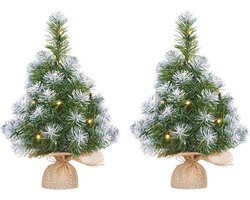 Mica Decorations Kunstkerstboom - 2x - nepsneeuw - 10 LED lampjes en sneeuw - H45 cm - Mini kerstboompjes