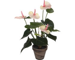 Mica Decorations Kunstplant Anthurium - lichtroze - 40 cm - in grijze pot - nepplant - kamerplant