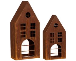 Mica Decorations Lantaarn Huis Roest Set van 2 - Decoratieve Lantaarns in Huisvorm - Sfeervolle Lantaarnset van Ijzer voor Kaars of LED-verlichting - L21 x B10 x H45 cm - Bruin