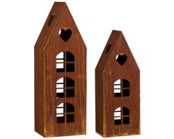 Mica Decorations Lantaarn Huis Roest Set van 2 - Decoratieve Lantaarns in Huisvorm - Sfeervolle Verlichting voor Kaars of LED - Gemaakt van Ijzer - L16,5 x B12 x H48 cm - Roestbruin