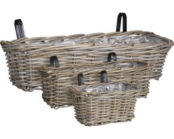 Mica Decorations Marcia Balkon Plantenbak - Set van 3 - L60 x B19 x H15 cm - Rotan - Grijs