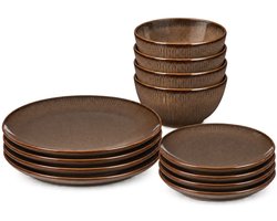 Mica Decorations Nusa Set Bruin 12-delig - Serviesset met Warme Uitstraling - Borden en Soepkommen van Steengoed voor Dagelijks Gebruik - Afmeting 28 x 29,5 x 29 cm - Bruin