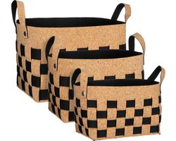Mica Decorations Opbergmand - Set van 3 - L40 x B30 x H30 cm - Kurk/Vilt - Zwart