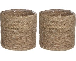 Mica Decorations Plantenmand - 2x stuks - rotan - naturel met bruin - 20 cm - Met plastic binnenkant