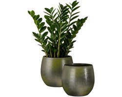 Mica Decorations Plantenpot - 2x - keramiek - donkergroen glans / ribbels - D13 x H14 cm - bloempot Porto