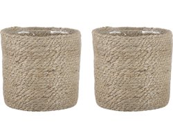Mica Decorations Plantenpot - 2x stuks - rotan - bruin - plantenmand - H16 en D16 cm - naturel mand van gedraaid jute/riet - plastic binnenkant