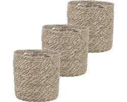 Mica Decorations Plantenpot - 3x stuks - rotan - bruin - plantenmand - H12xD12 cm - naturel pot mand van gedraaid jute/riet - plastic binnenkant