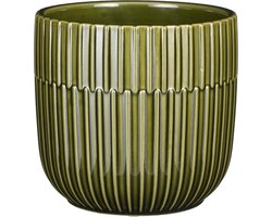 Mica Decorations - Plantenpot/bloempot - keramiek - groen - stripes patroon - D14 x H13 cm