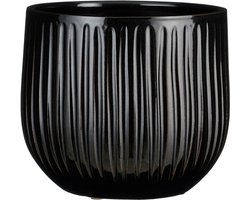 Mica Decorations Plantenpot/bloempot - keramiek - zwart glans/ribbels- D25/H20 cm
