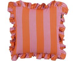 Mica Decorations Sierkussen met Streeppatroon - Vierkant Kussen van Katoen met Speelse Ruches - Decoratief Accessoire voor Bank, Bed of Fauteuil - 45 x 45 x 10 cm - Lila, Oranje