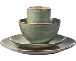 Mica Decorations Tabo Serviesset 16-Delig Groen - Keramische Borden voor 4 Personen - Complete Set met Mokken en Schaaltjes - Handgemaakt Botanisch Design - 32 x 27 x 31 cm - Groen