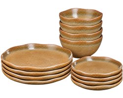 Mica Decorations Volano Serviesset Bruin 12-Delig - Bordenset met Warme Aardetinten - Soepkommen voor Dagelijks Gebruik en Feestelijke Diners - Porselein - 29 x 29 x 30 cm - Bruin