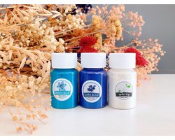 Mica Poeder Set | OCEAN | Pigment Poeder | Kleur Poeder | 8-10 gr per potje | Epoxy Resin Giethars | 3 kleuren per set: Wit, Groen Blauw, Donkerblauw | Parelmoer-effect