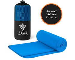 Microvezel Handdoek Set – 2 stuks + Mesh Opbergzak – Blauw - Sneldrogend en Lichtgewicht – Ideaal voor Reizen, Sport, Fitness & Kamperen