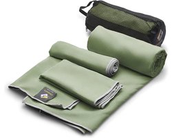 Microvezel handdoekenset - 3 absorberende sneldrogende handdoeken met netvak voor camping, sport en strand (kaki)