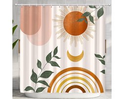 Mid-Century Abstract Boho Oranje Esthetisch Douchegordijnset, Lente Zomer Roze Groen Natuur Blad Zon Modern Minimalistisch Huis Badkamer Gordijndecoratie met 12 Haken 72x72 Inch