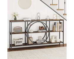 Mid-Century Halbank – Sofa Tafel – Console Tafel – Opbergtafel – Halmeubel – Stevig Metalen Frame – 3 Opbergniveaus – Extra Lang Faux Hout – Rustiek Bruin