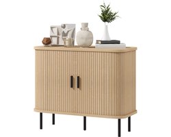 Mid-Century Modern dressoir met schuifdeuren met lamellen, keukenkast met stalen poten, eikenkleurig