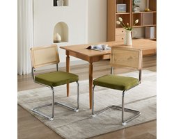 Mid-Century Modern Eetkamerstoelen - Set van 2 - Velvet Accent Stoelen - Natuurlijke Rieten Rug & Chroom Basis - Olijfgroen