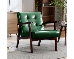 Mid-Century Modern Fauteuil – Lounge Stoel – Slaapfauteuil – Chaise Lounge – Zetel – Donkergroene PU Leder – Massief Houten Frame – Comfortabele Gewafelde Rugleuning