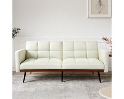 Mid-century Moderne Futonbank in Linen Mix, 146 cm Breed, 5-weg Verstelbare Rugleuning & Vaste Armleuningen, Metalen Poten, Beige