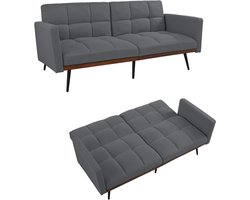 Mid-century Moderne Futonbank in Linnen Mix, 146 cm Breed, 5-weg Verstelbare Rugleuning & Vaste Armleuningen, Metalen Poten, Grijs