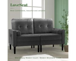 Mid-Century Moderne Velvet 2-Zitsbank Loveseat met 2 Kussens – Compacte Design Bank 149 x 63 x 89 cm, Metallic Grijs