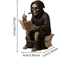 Middelvinger-schedelbeeldje van de Magere Hein – Skelet op het toilet – Bureau-ornament – ​​Halloween-decoratie – Gemaakt van kunsthars – Zwarte humor – Geschikt voor woonkamer of kantoor