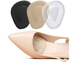 Middenvoetkussentjes (set van 3 paar) — Gel met fleece-oppervlak — Voetkussens & voorvoetkussentjes voor dames — Kussentjes voor verlichting van voorvoetpijn (transparant, zwart fleece, abrikooskleurig fleece)