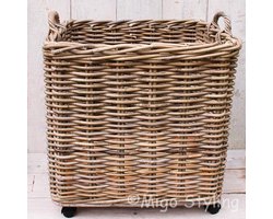 Migo Styling - Houtmand - Met wielen - 60x60xH55 - Vierkant - Hengsels - Riet-Rotan - XXL