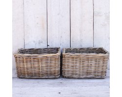 Migo Styling - Kastmand - Opbergmand - Riet - Rotan - Set van 2 - Leren Handvat - 45x35x25cm