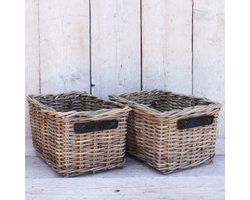 Migo Styling - Kastmand - Opbergmand - Riet - Rotan - Set van  2 - Leren Handvat