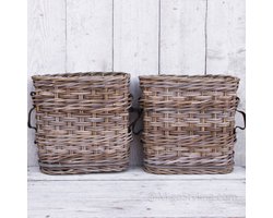 Migo Styling - Plantenmand - Vensterbankmand - Set van 2 - Rotan-Met leren riem - Houten bodem - Hoogte 40 cm