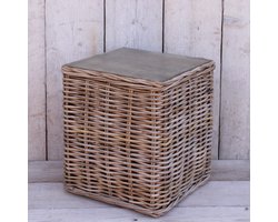 Migo Styling - Rotan zuil - Kruk - Tafeltje - Grey - Houten Plateau - Hoogte 40 cm