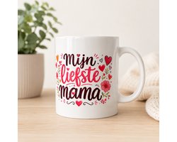 Mijn Liefste Mama Mok – Vrolijke Koffiemok met Hartjes en Bloemen – Cadeau voor Moeder – Keramische Mok 325ml – Vaatwasserbestendig