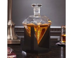 MikaMax Diamond Decanter - 850 ml Diamant Karaf Handgeblazen met Houten Standaard en whiskey stones