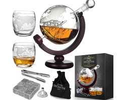MikaMax Globe Whiskey Decanter – Standaard Versie – Whiskey Set – Complete Set – Whiskey Karaf – Incl. 2 Whiskey Glazen en Whiskey Stones – 900 ML