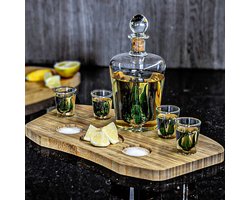 MikaMax Tequila Decanter Set – Tequila Karaf – Tafel Decoratie - Incl. 4 Shotglazen en Houten Plateau – Complete Set - 840 ml