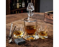 MikaMax Twisted Decanter Set - 850 ml Karaf met 2 Twisted Glazen, whiskey stones en Houten box