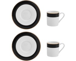Mikasa - Espressokopjes met Schoteltjes - Luxe Deco - Zwart Wit Goud - Set van 2 - 100ml