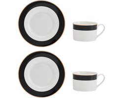Mikasa - Theekopjes met Schoteltjes - Luxe Deco - Zwart Wit Goud - Set van 2 - 200ml