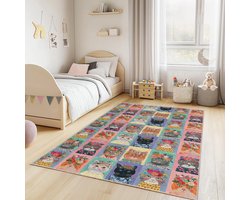 Mila Home Katten Patchwork - Kindertapijt Vloerkleed voor Kinderkamer - Wasbaar - Antislip - OEKO-TEX Gecertificeerd - Multicolor - 100x200 cm - (323 2)