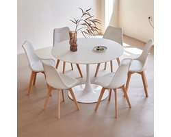 Mila Shop Eetkamerset - Ronde eettafel - 6 Eetkamerstoelen - Houten poten - Kunststof - Wit