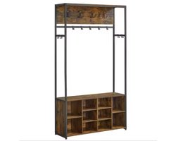 Mila Shop - Kapstok - Gangkast - Kledingkast - Schoenenkast - Hal/garderobekast - 4 in 1 - Opbergplank - met 10 haken - 4 drievoudige haken - 32x100x180 cm - Hout/Staal - Industrieel