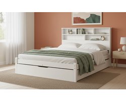 Milano Luxe Opberg Bed 140x200 cm – Massief Houten Tweepersoonsbed met Lades & Hoofdbord – Kinderbed, Tienerbed, Logeerbed – Wit – Inclusief Lattenbodem, Zonder Matras – Medahomestore
