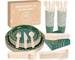 Milieuvriendelijke Papieren Borden met Gouden stippen - 200 Stuks Herbruikbaar Servies voor Feesten, Verjaardagen en Bruiloften met Bestek en Bekers voor 25 Gasten