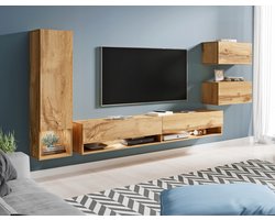Milo - Woonkamer Set - Wandmeubel met LED - 4-delig - Volledig Mat Wotan Eiken