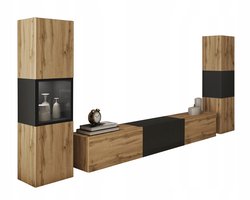 Milo - Woonkamer Set - Wandmeubel met LED - Zwevend of Staand - Wotan Eiken & Mat Zwart